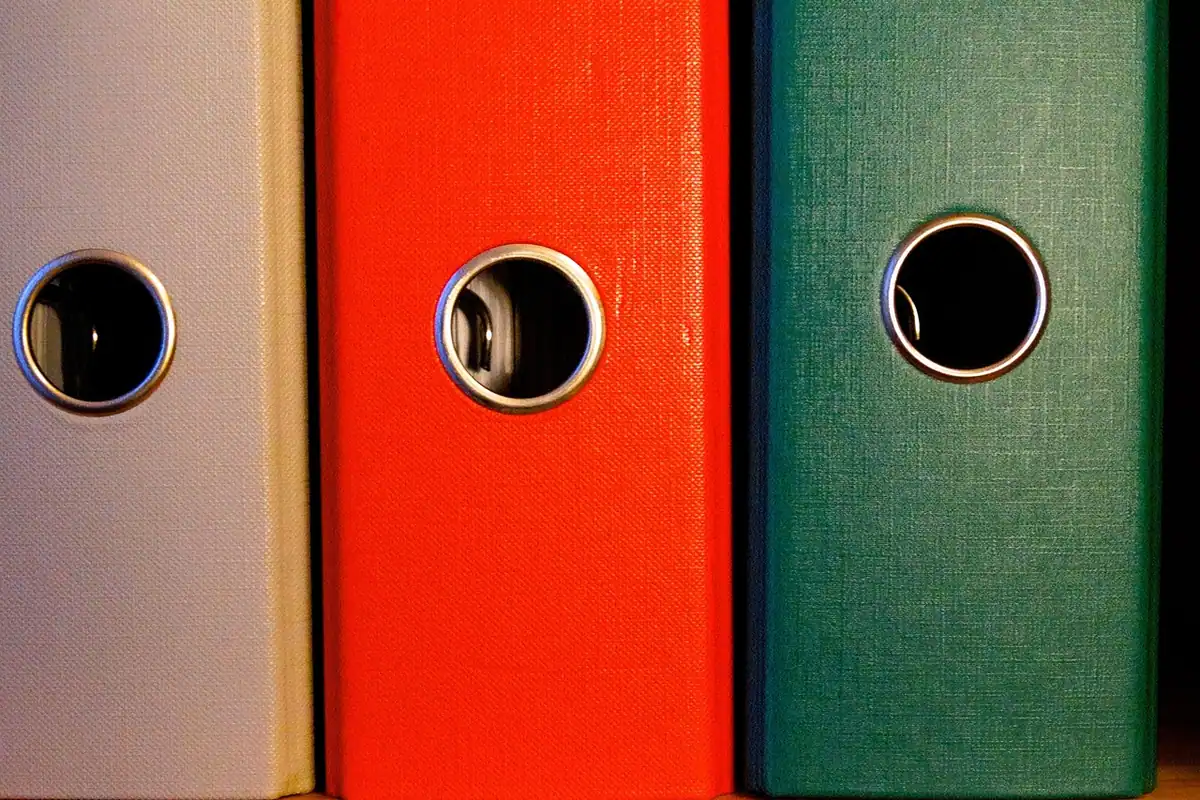 Bibliorafturi gri, roșu și verde pe un raft, cu actele pregătite pentru inspecția fiscală